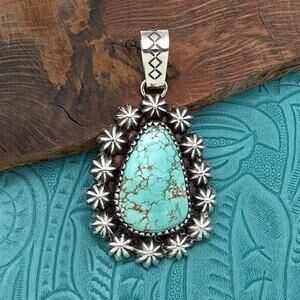 ALLISON SNOWHAWK LEE Navajo Sterling & Mine Number 8 Turquoise Pendant Stars